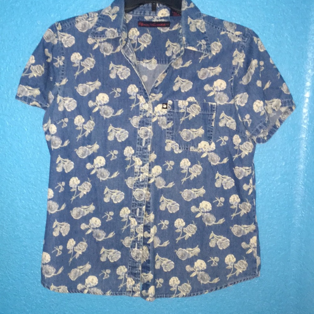 Floral jean button up shirt